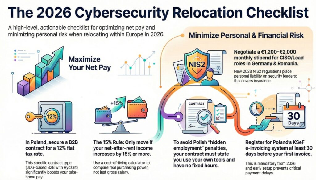 An actionable infographic titled "The 2026 Cybersecurity Relocation Checklist." It outlines four key steps: 1. Secure a B2B contract in Poland for a 12% flat tax rate. 2. The 15% Rule: Only move if net-after-rent income increases by 15%+. 3. Avoid Polish "hidden employment" penalties by ensuring contract independence. 4. Register for Poland's KSeF e-invoicing system 30 days in advance. It also highlights a €1,200–€2,000 monthly stipend for CISO roles in Germany and Romania to cover NIS2 personal liability.