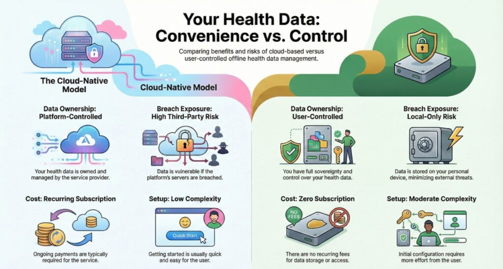 "Professional offline health tracker dashboard with a smart ring and local hub. Text: Biometric Sovereignty: 100% Offline."