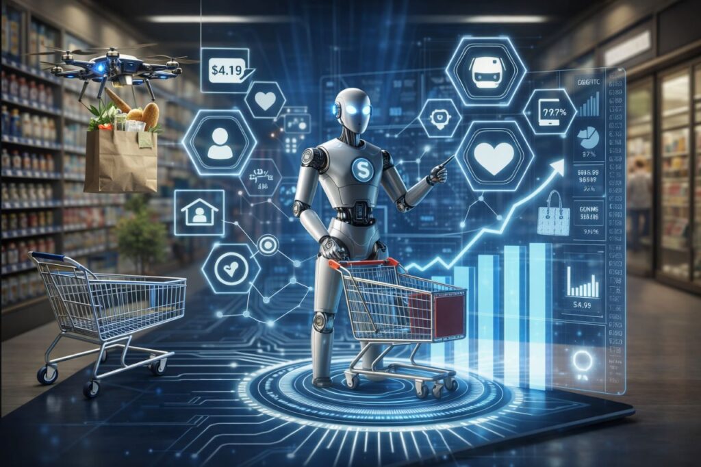 AI shopping agent visualizing purchasing decisions and spending data in an automated commerce environment