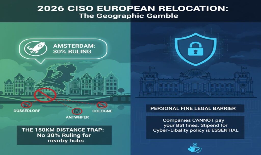 An infographic map showing the 150km border distance rule for the Dutch 30% ruling and the German legal barrier for personal administrative fines.