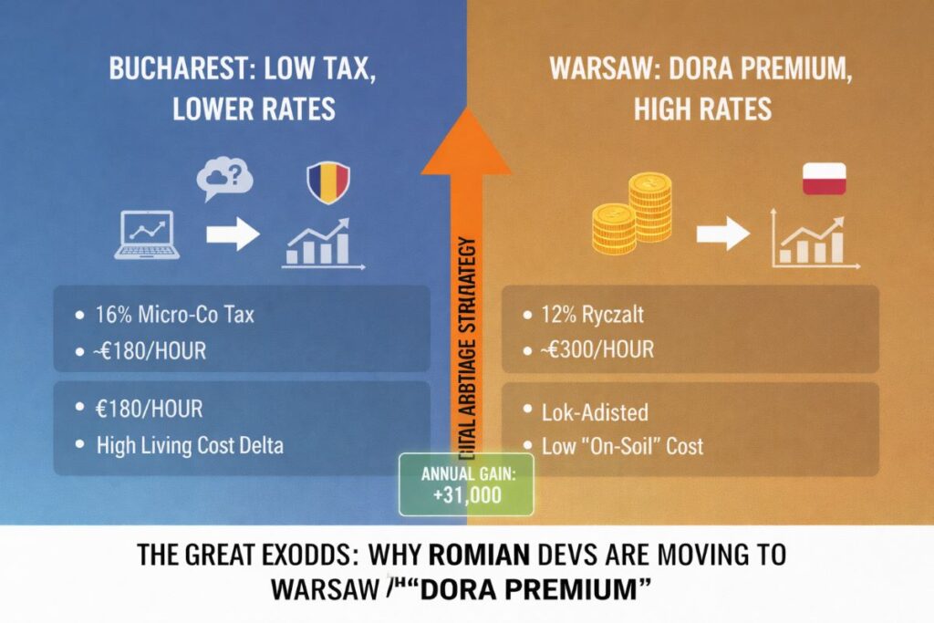 A financial comparison chart showing the 2026 B2B arbitrage strategy between Poland and Romania, highlighting the 12% Ryczałt tax, €300 hourly rates, and the €31,000 annual income gain.