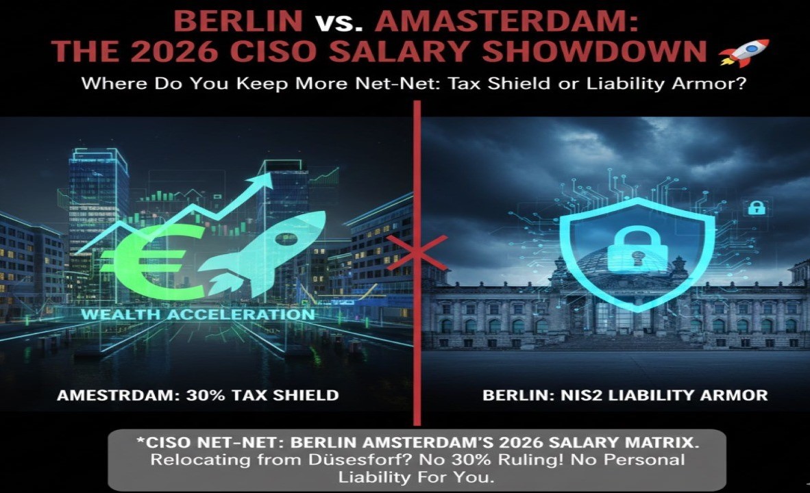 A split-screen comparison of Berlin and Amsterdam skylines with digital overlays for Wealth Acceleration (Rocket icon) and Liability Armor (Shield icon).