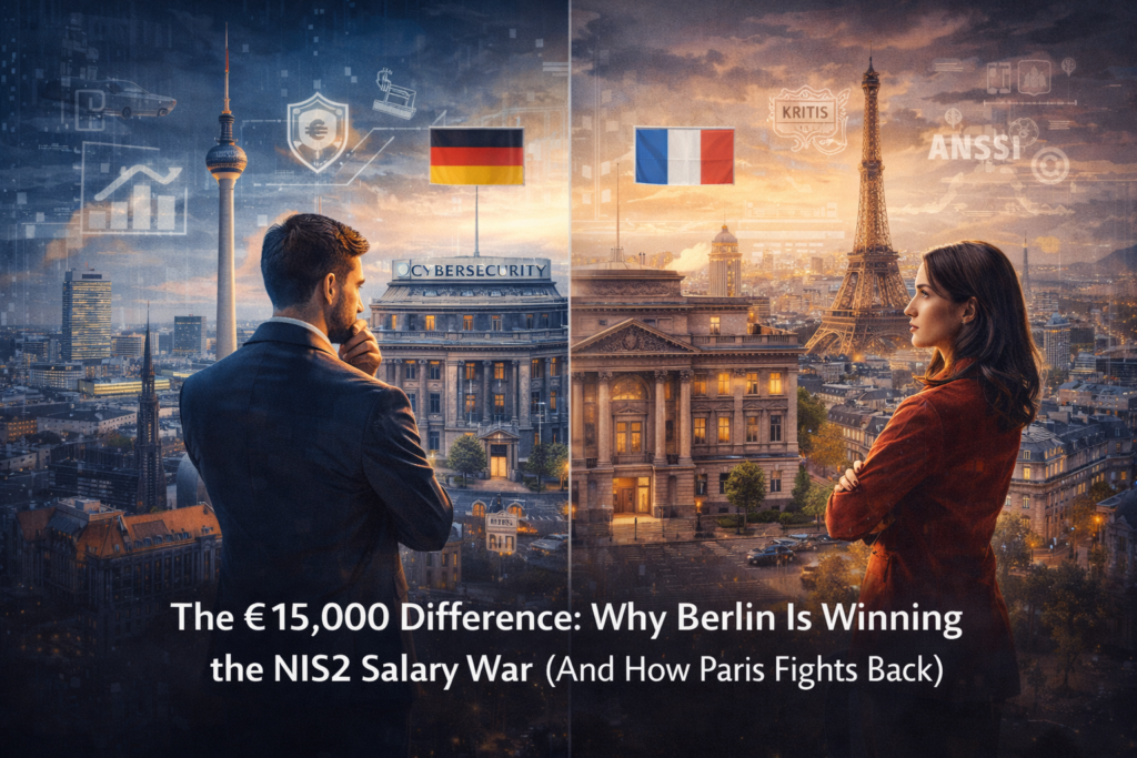 Comparison of Berlin and Paris illustrating the NIS2-driven cybersecurity salary gap and regulatory competition between Germany and France.