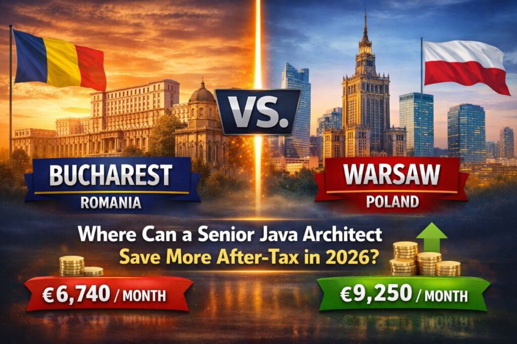 Senior Java architect comparing after-tax income in Bucharest vs Warsaw in 2026, highlighting Poland B2B tax advantages and Romania dividend taxes