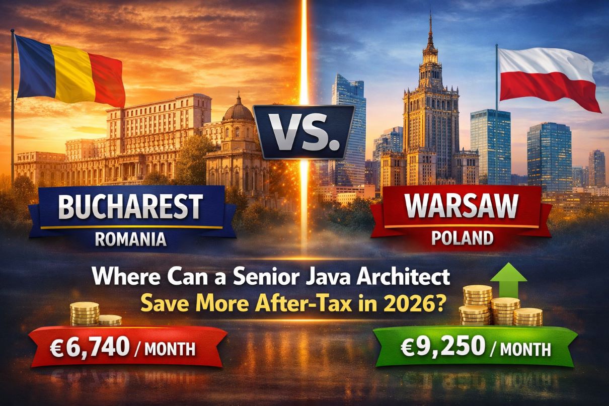 Senior Java architect comparing after-tax income in Bucharest vs Warsaw in 2026, highlighting Poland B2B tax advantages and Romania dividend taxes
