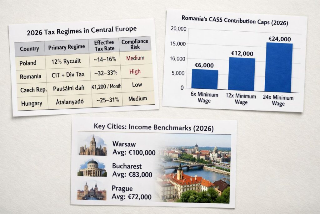 Comparison chart showing effective tax rates for IT contractors under Ryczałt and flat tax regimes in Central Europe in 2026
