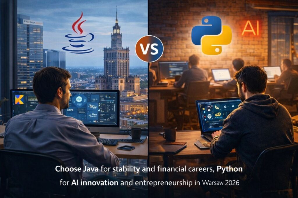 Comparison of Java and Python developer salaries in Warsaw in 2026, showing differences between enterprise and AI-focused roles”