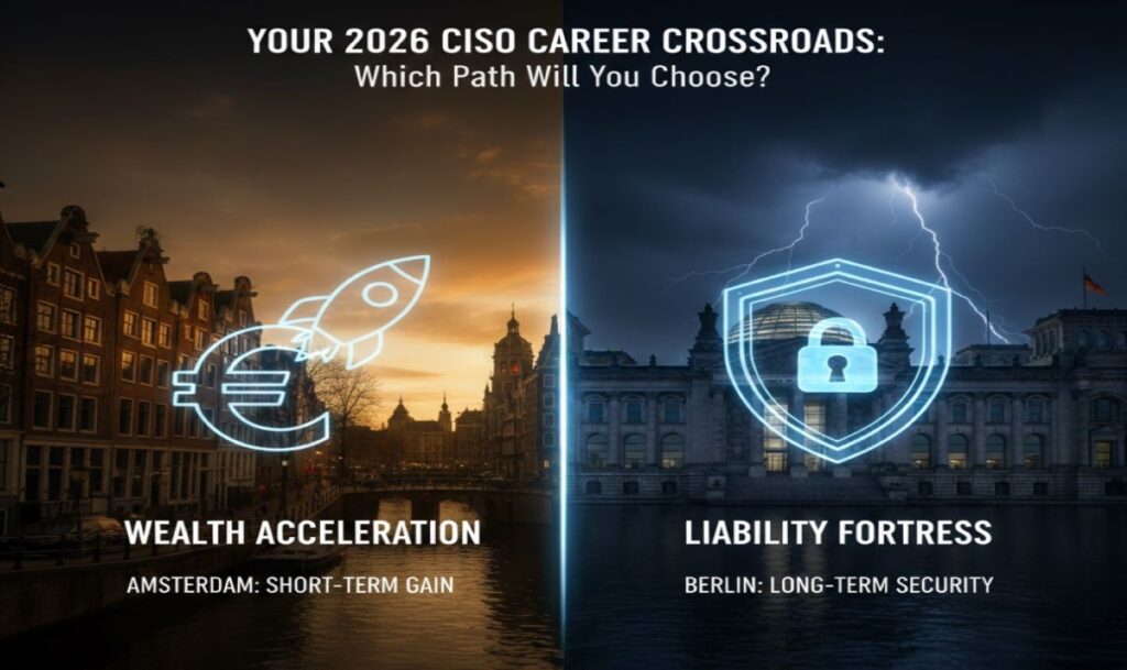 A conceptual image showing a CISO standing at a crossroads between Amsterdam’s short-term wealth and Berlin’s long-term regulatory security.