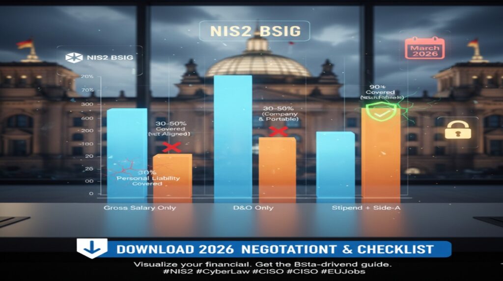 A 3D bar chart comparing net wealth protection for German CISOs with gross salary only vs. those with a personal Side-A liability stipend.