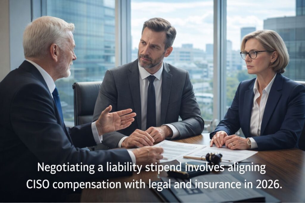 Senior cybersecurity executives reviewing regulatory documents, representing CISO personal liability, executive accountability, and stipend negotiation under NIS2 in 2026.