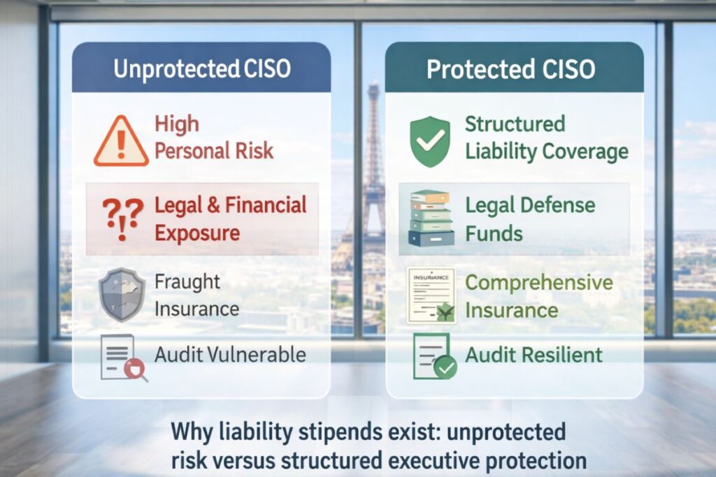 Comparison showing unprotected versus protected CISO roles, highlighting differences in personal liability, insurance coverage, and audit risk in 2026.