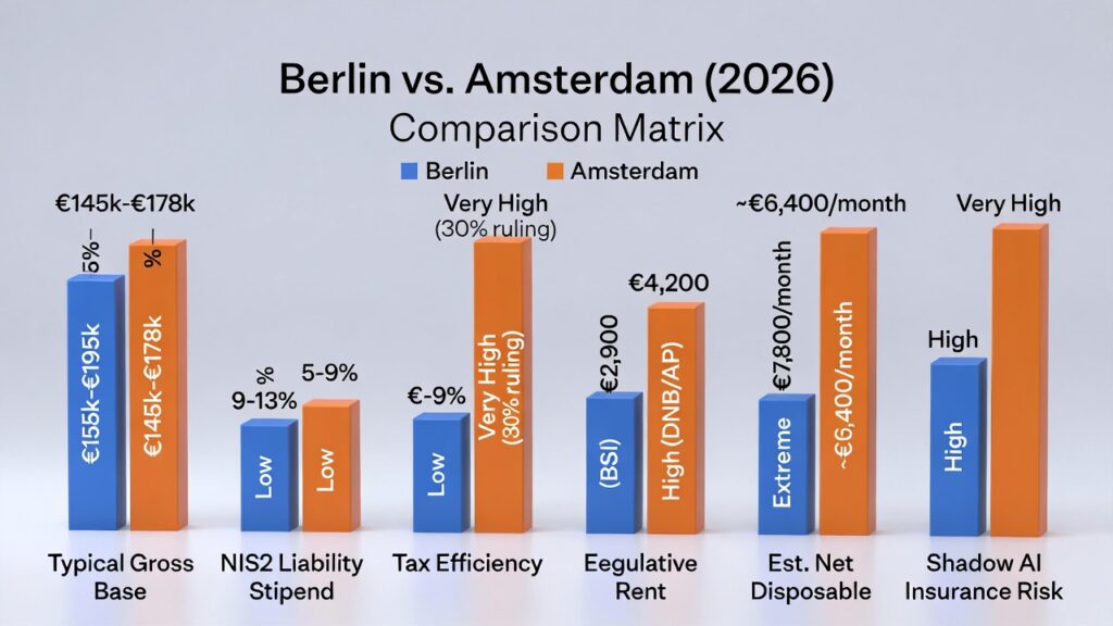 Bar graph comparing CISO net disposable income in Berlin and Amsterdam, highlighting Amsterdam's higher short-term wealth versus Berlin's liability-adjusted stability.