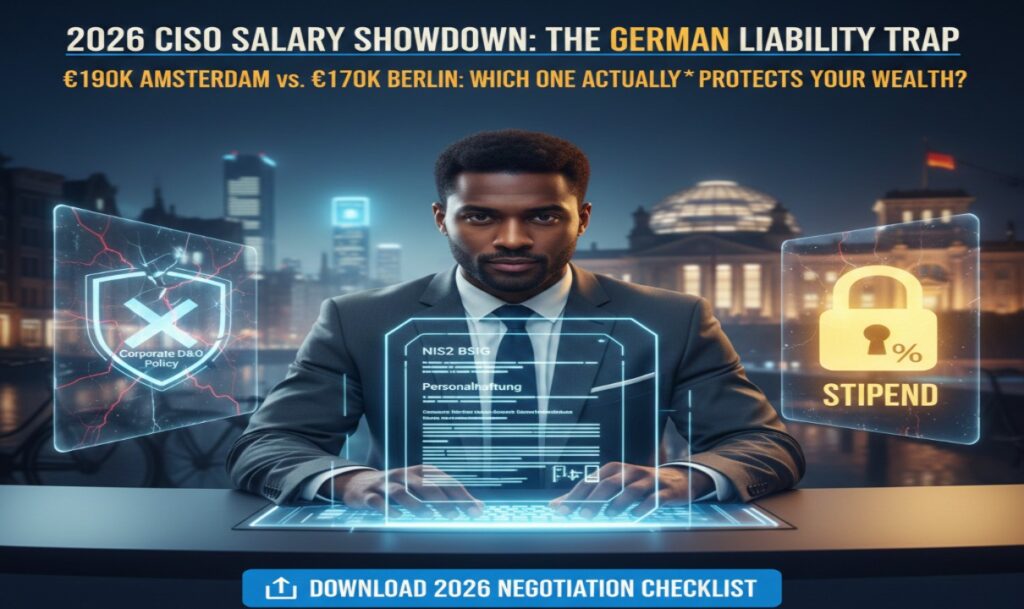 A professional CISO reviewing a German BSIG contract with digital overlays showing personal liability risks and stipend protection symbols.