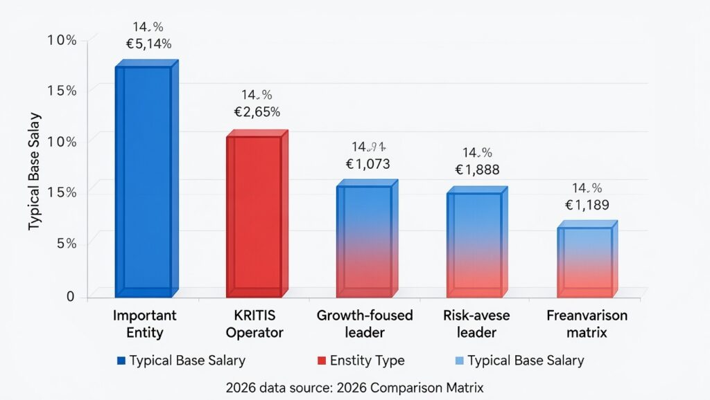 A 3D bar chart comparing typical base salaries and entity types for CISOs in 2026, showing categories for Important Entities, KRITIS Operators, and different leadership risk profiles.