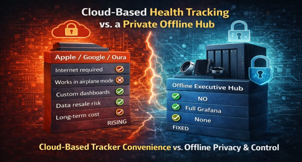 3D comparison of cloud-based health tracking versus a private offline health hub showing privacy, cost, and control differences