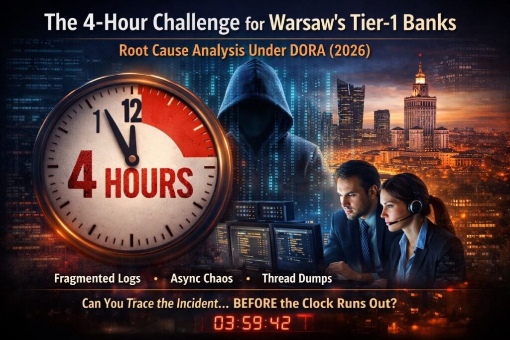 DORA 2026 four-hour incident reporting window for agentic AI in Warsaw Tier-1 banks, showing Java 25 execution traceability and regulator audit pressure
