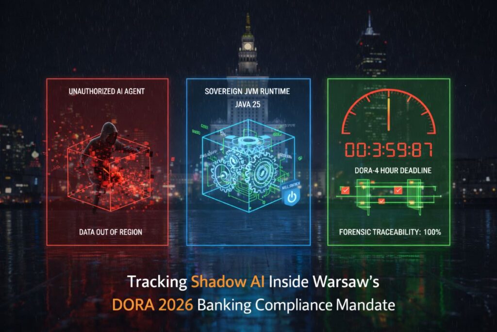 A high-stakes banking command center with a digital countdown clock showing the 4-hour DORA incident reporting window for a Shadow AI breach in a Tier-1 Warsaw bank.