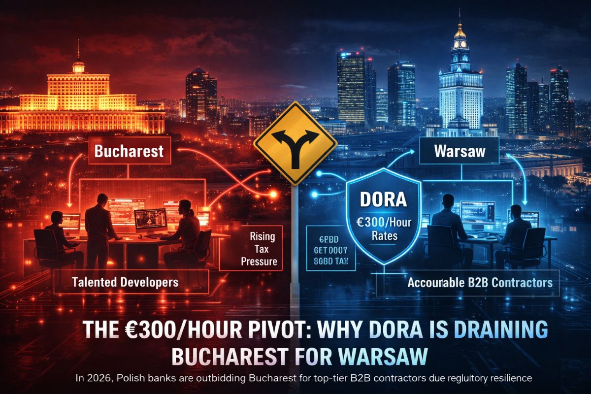 “DORA 2026 compliance is reshaping B2B IT economics, as Warsaw’s regulated banking infrastructure commands higher contractor rates than Bucharest due to audit liability and resilience requirements.”