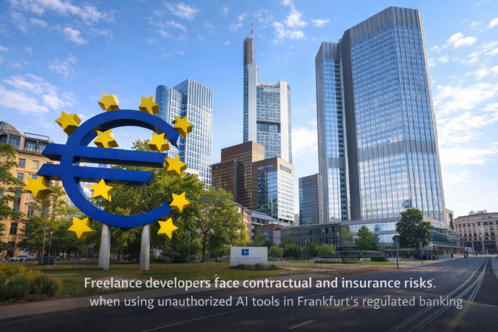 Moody digital photograph of Frankfurt’s financial district at dusk symbolizing regulatory scrutiny, DORA compliance pressure, and shadow AI risks facing banking contractors.