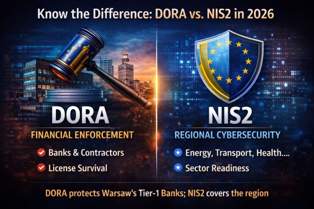 Comparison of DORA versus NIS2 regulatory scope in 2026, showing why banks face stricter audit and incident reporting requirements than general infrastructure operators
