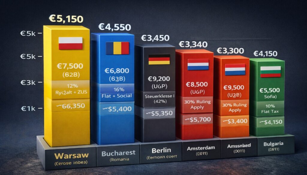 3D bar chart comparing disposable income for senior cybersecurity roles in Warsaw, Bucharest, Berlin, Amsterdam, and Sofia after tax and rent in 2026.