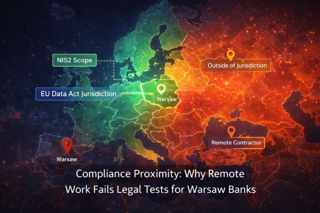 Visual map showing EU in-region compliance boundaries for AI banking, emphasizing why Warsaw-based Java 25 engineers are required for NIS2, EU Data Act, and sovereign cloud operations in 2026.