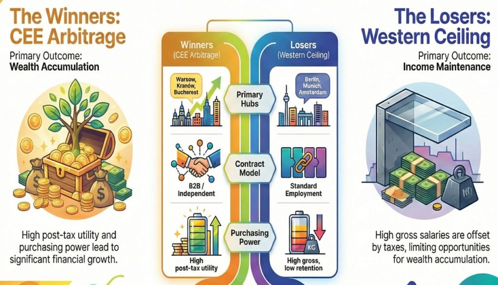 Infographic titled "Europe 2026: The Great Professional Divide" comparing CEE Arbitrage Winners (Warsaw, Bucharest) with Western Ceiling Losers (Berlin, Amsterdam). It details how B2B contracts and high post-tax utility lead to wealth accumulation in CEE, while high taxes and standard employment in the West lead to mere income maintenance.