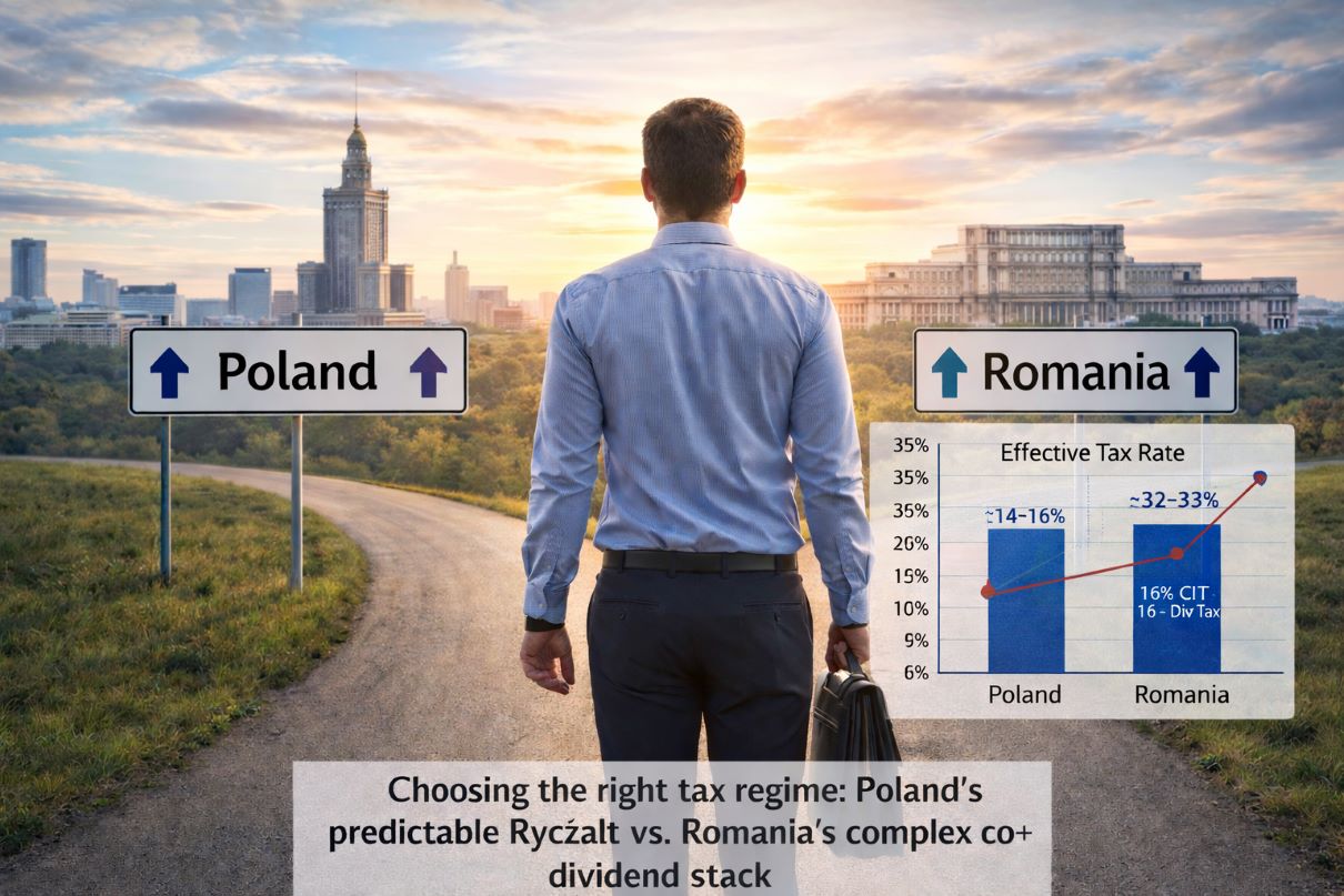 IT contractor standing at a crossroads choosing between Poland’s Ryczałt tax system and Romania’s flat tax regime in 2026