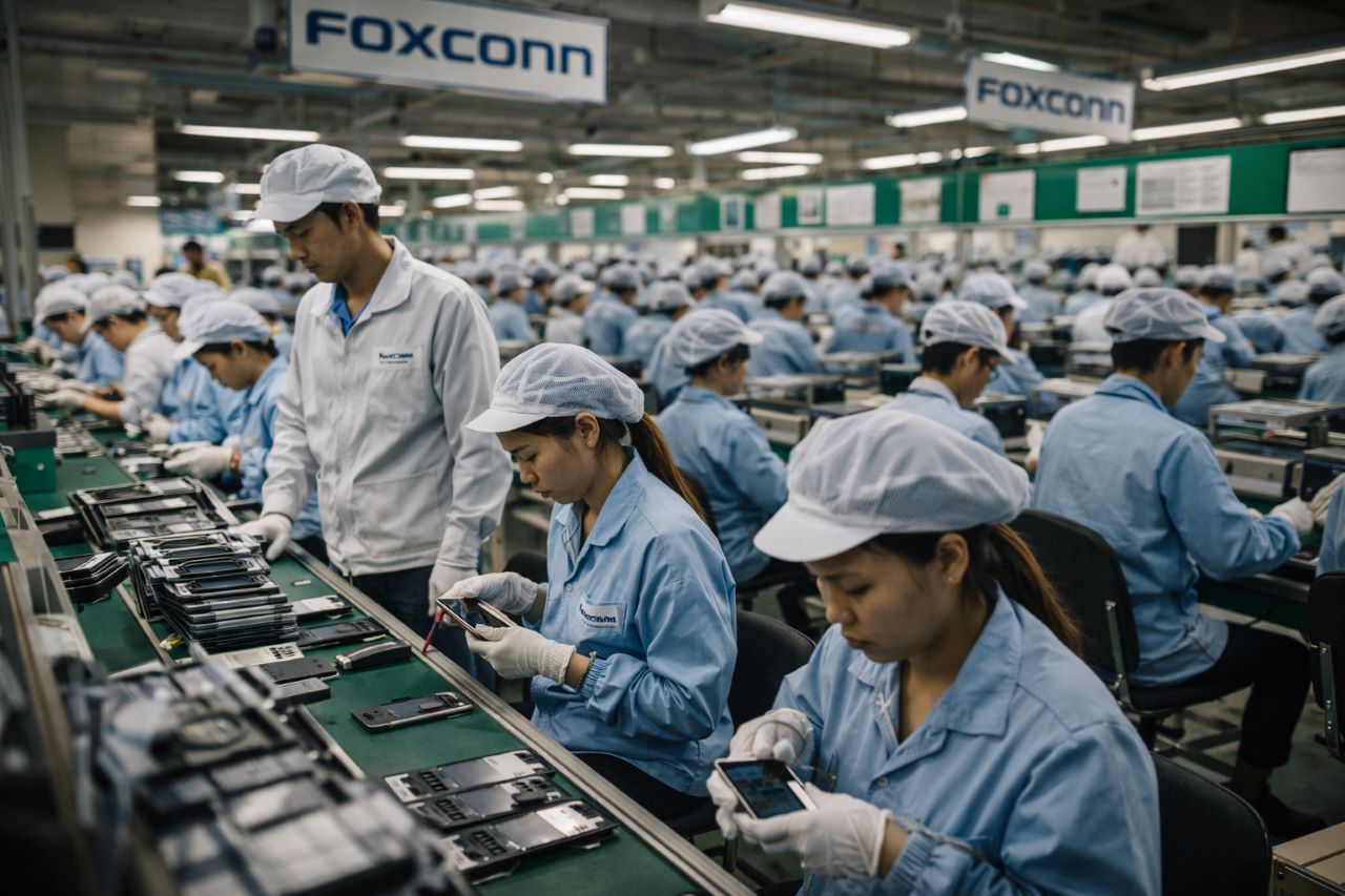 Foxconn workers assembling consumer electronics at a manufacturing facility in Vietnam