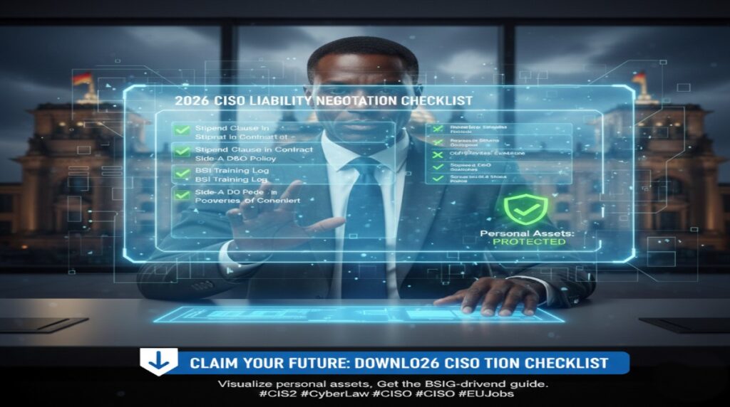 A CISO interacting with a digital holographic checklist featuring items like 'Stipend Clause,' 'BSI Training Log,' and 'Side-A D&O Policy.'
