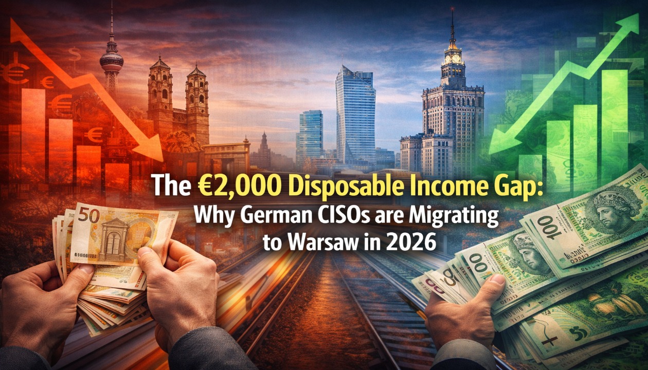 Senior cybersecurity executives comparing net disposable income between Germany and Poland in 2026, highlighting higher after-tax purchasing power in Warsaw.