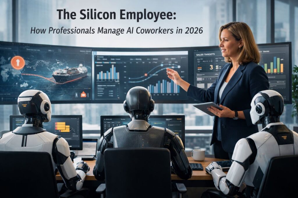 Human manager reviewing AI-generated reports while multiple workplace agents operate in the background