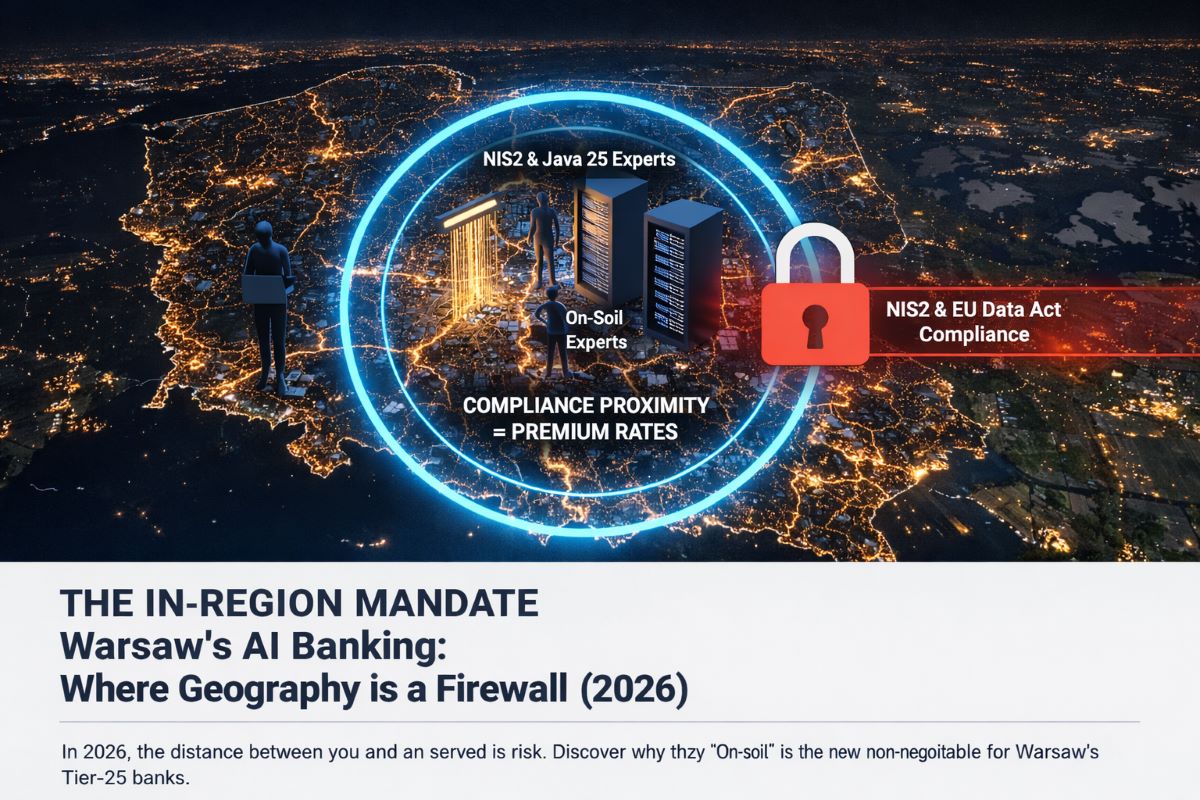 Map of Poland highlighting Warsaw’s Tier-1 AI banking infrastructure with on-soil Java 25 experts, NIS2 and EU Data Act compliance zones, and the concept of compliance proximity in 2026.