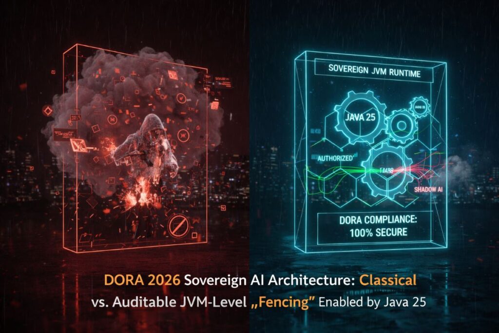 A technical 3D blueprint showing a Java 25 JVM execution environment with blue digital 'fencing' blocks stopping unauthorized red AI threads, illustrating DORA-ready runtime security.
