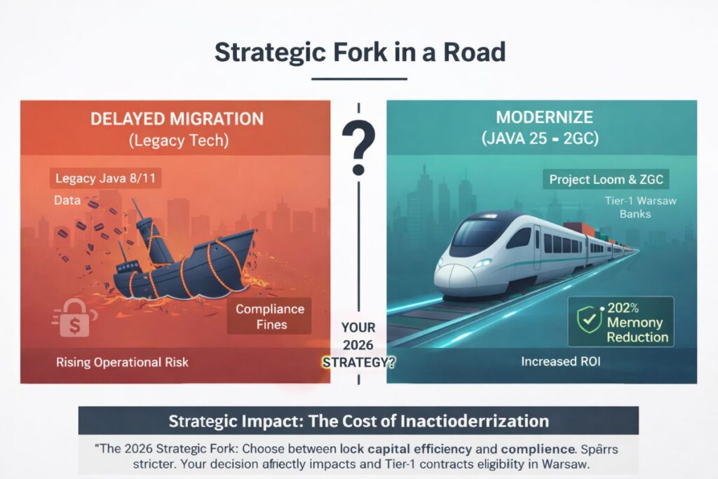 “Strategic comparison illustrating the 2026 decision for Tier-1 banks between delaying Java migration on legacy Java 8 and Java 11 systems versus modernizing to Java 25 with Project Loom and ZGC, highlighting compliance risk, operational resilience, and return on investment.”