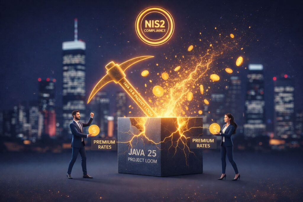 “Conceptual visualization of Java 25 and Project Loom unlocking technical debt value in Warsaw banking systems, showing migration-driven efficiency gains, premium B2B contractor rates, and improved compliance readiness under NIS2 in 2026.”