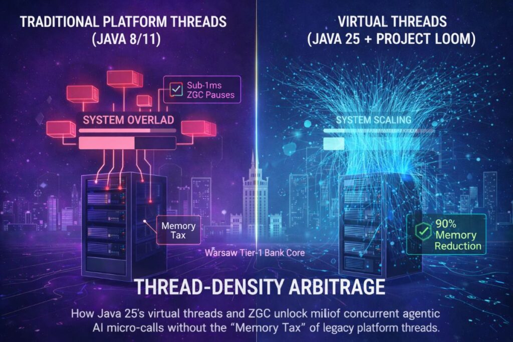 “Analytical diagram comparing traditional Java 8 and Java 11 platform threads with Java 25 virtual threads using Project Loom, illustrating thread-density arbitrage, reduced memory overhead, and scalable concurrency for Tier-1 banking systems in 2026.”