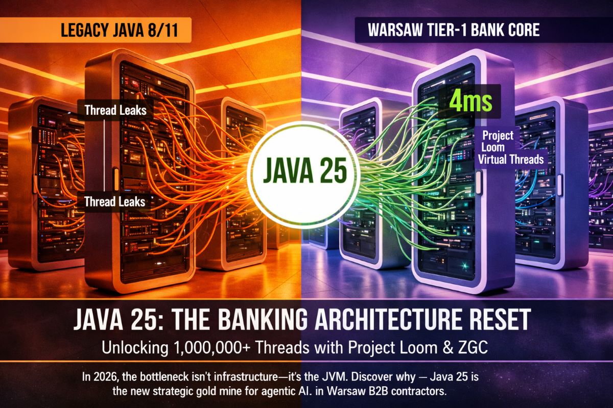 “Visual comparison of legacy Java 8 and Java 11 banking systems versus Java 25 architecture in 2026, highlighting Project Loom virtual threads, ZGC low-latency garbage collection, and sub-5ms execution targets in Warsaw Tier-1 bank cores.”