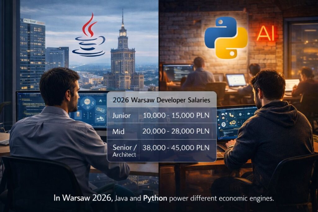 "Comparison of Java and Python developer salaries in Warsaw in 2026, showing differences between enterprise and AI-focused roles”