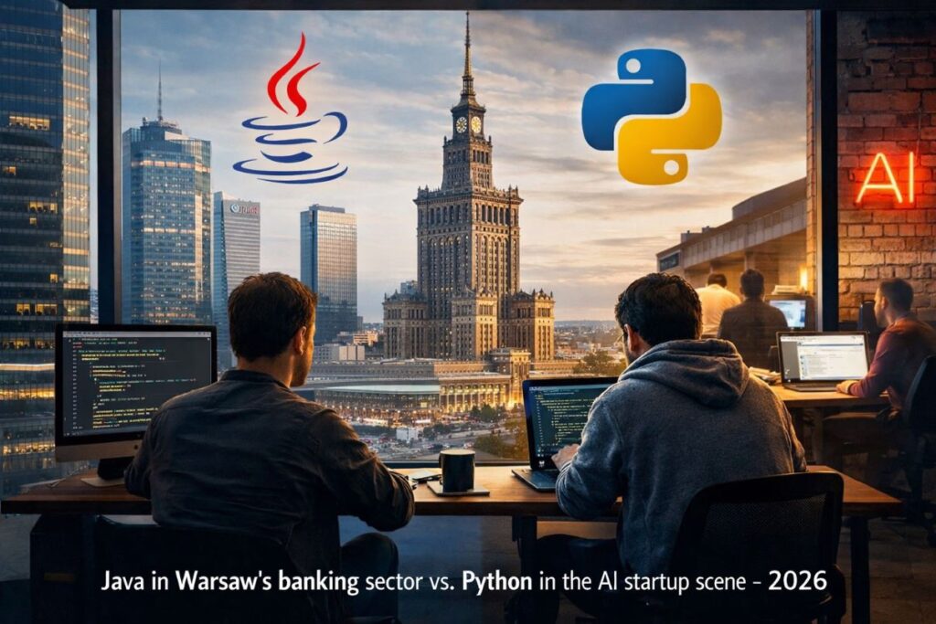 Warsaw cityscape representing the split between enterprise banking technology and AI startup development in 2026”