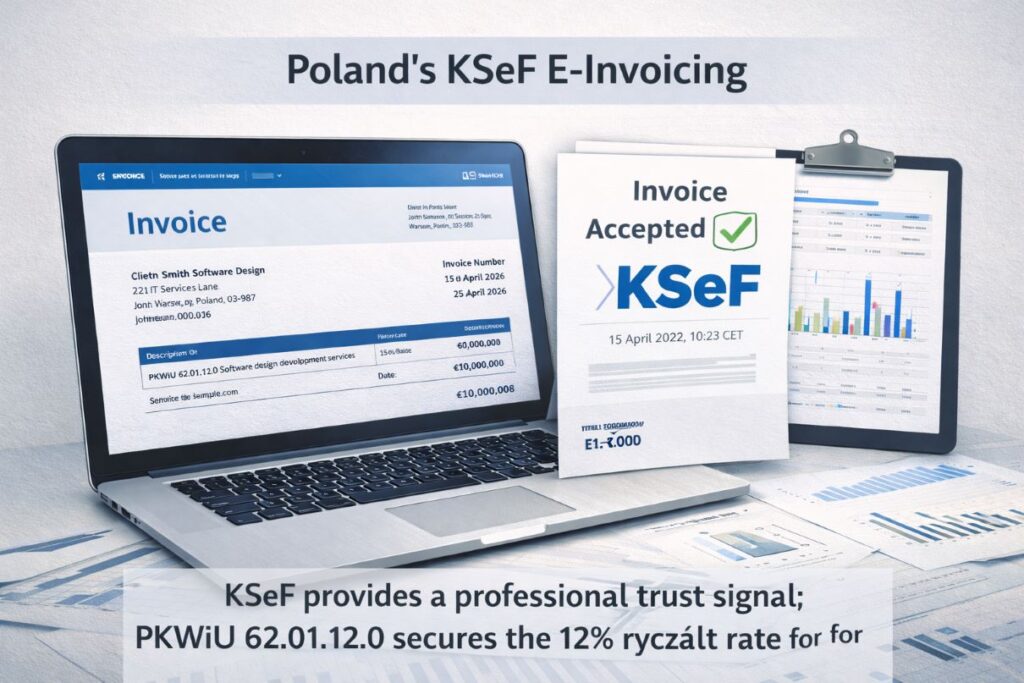 Visual representation of tax compliance and residency risk for IT contractors under Poland’s KSeF and Central European regulations
