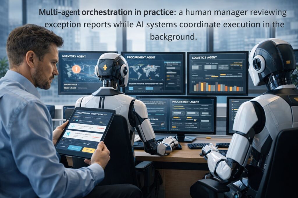 Manager reviewing an exception report generated by coordinated AI agents in a modern office environment