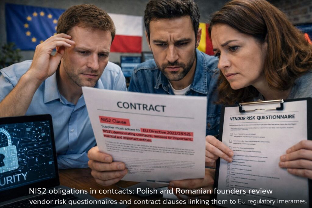 Tech startup leaders discussing cybersecurity governance and compliance planning under NIS2 rules