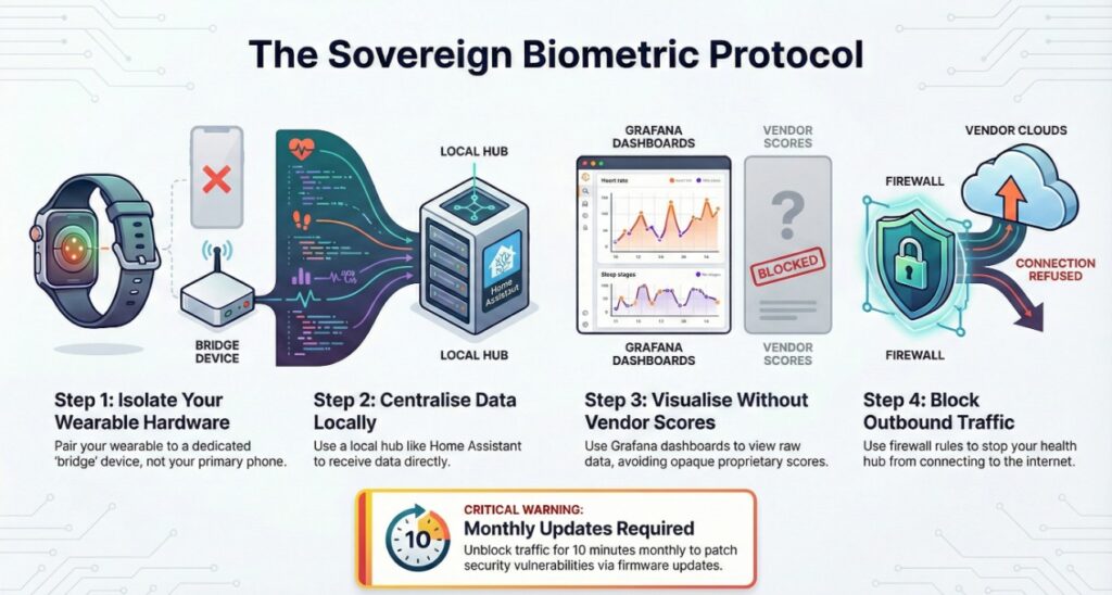 "Professional offline health tracker dashboard on a tablet with a glowing smart ring and local bridge hub, featuring the text Biometric Sovereignty: 100% Offline."