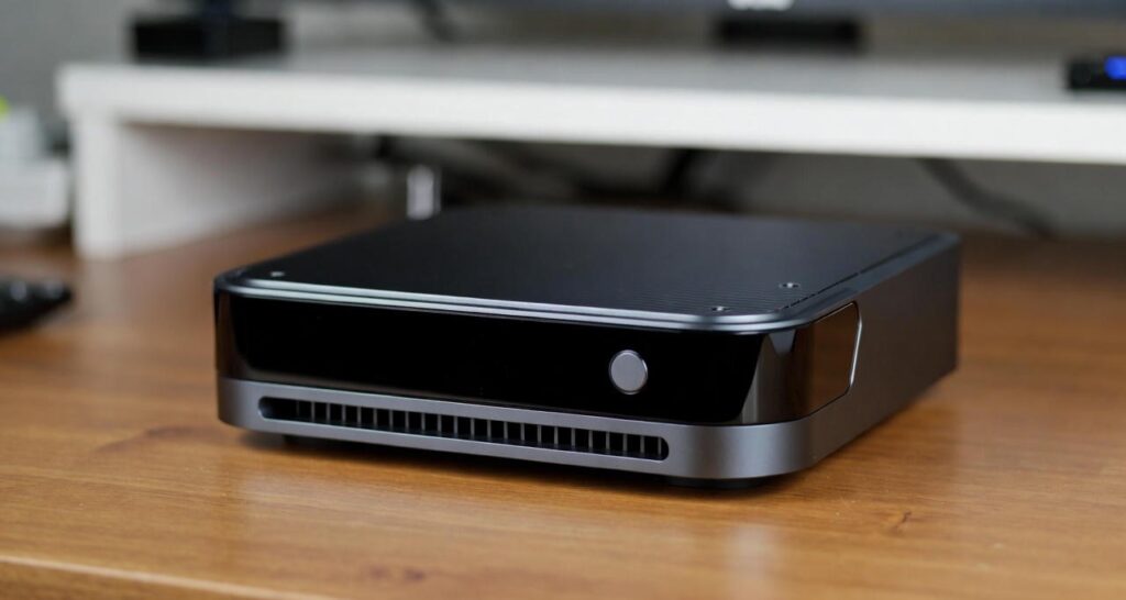 Minimalist AI hardware prototype resting on a desk under neutral lighting