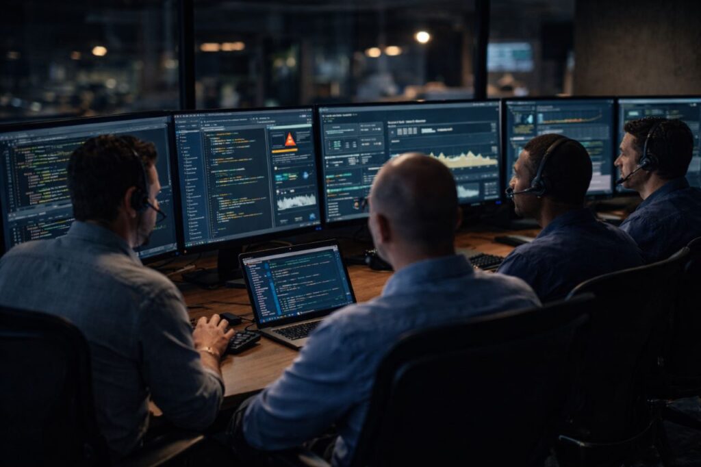 Overnight operations team monitoring system dashboards as automated tools handle software maintenance tasks