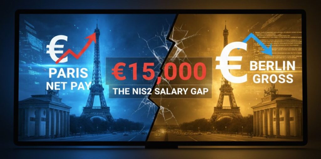 Technical chart comparing net take-home pay for NIS2 cybersecurity roles in Paris and Berlin using 2026 tax regimes.