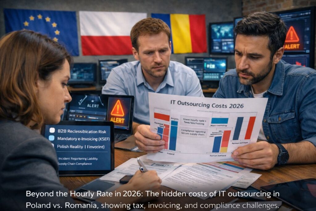 European technology leaders reviewing outsourcing cost and compliance differences between Poland and Romania in 2026.