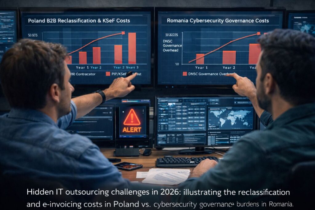 Cybersecurity and compliance professionals discussing regulatory and reporting requirements affecting IT outsourcing teams in Poland and Romania.