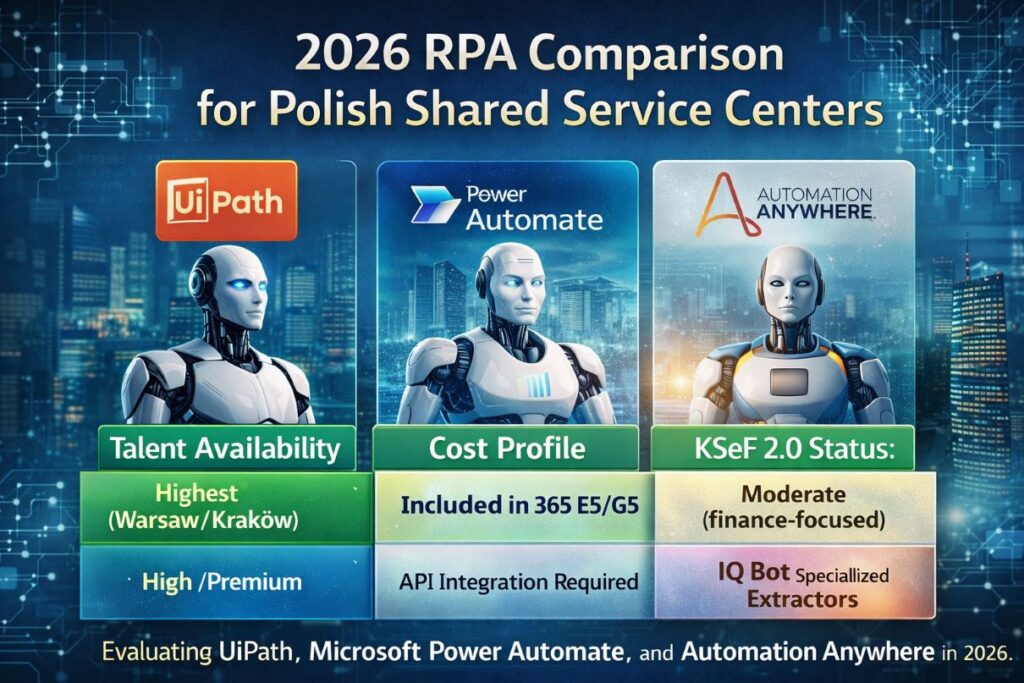“Comparison matrix of RPA tools used in Polish SSCs in 2026 showing orchestration capability, KSeF readiness, talent availability, and total cost”